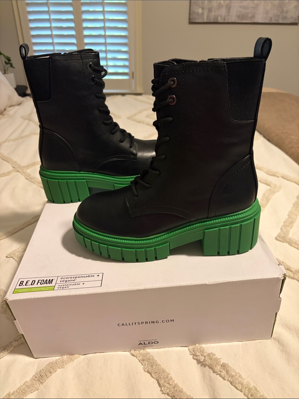 ALDO Black Lace-Up Combat Boots with Green Platform
